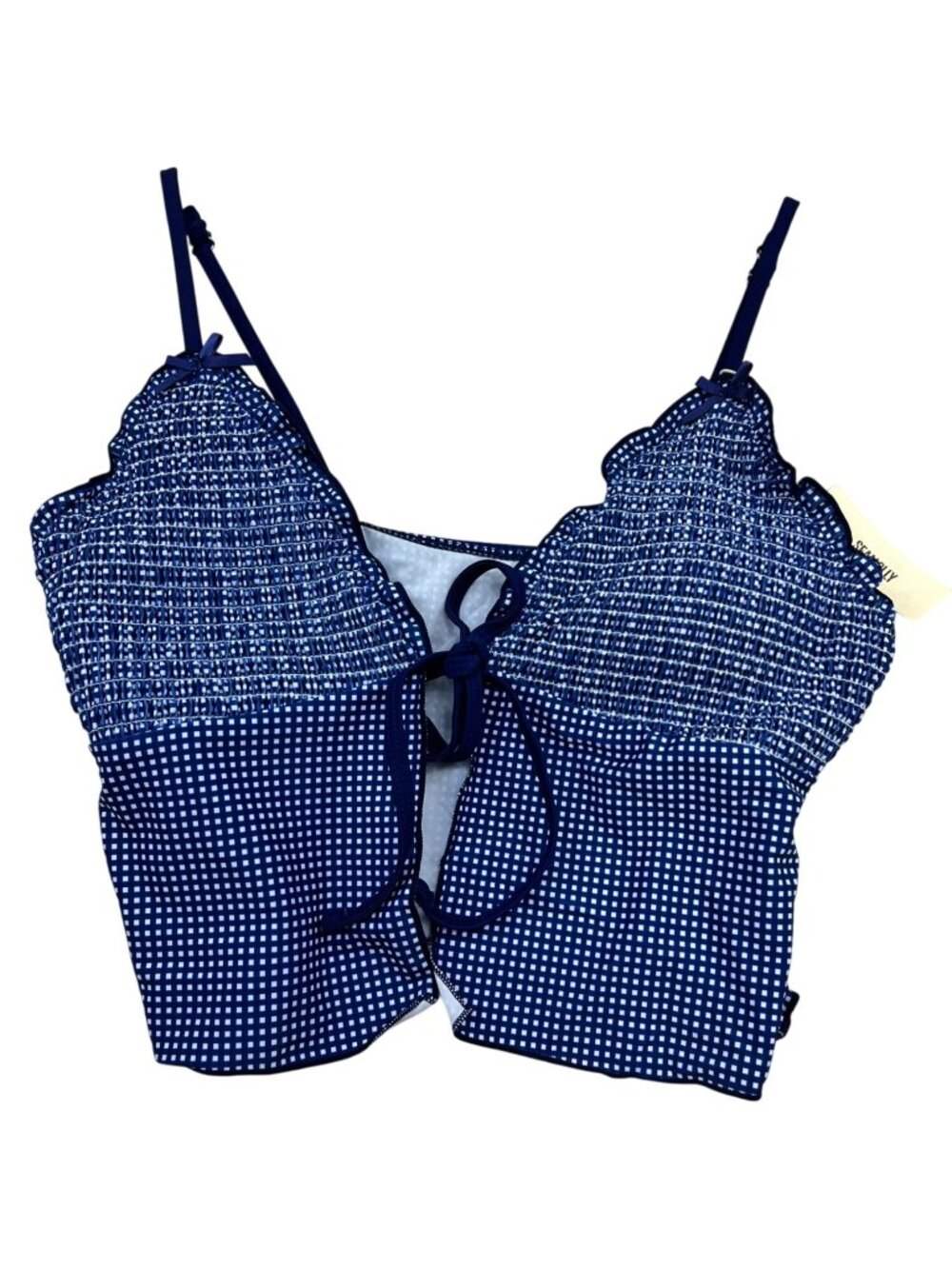 NWT Seamolly Vintage Gingham Bowknot Smocked Ruffle Tie-Front Tankini Top XL